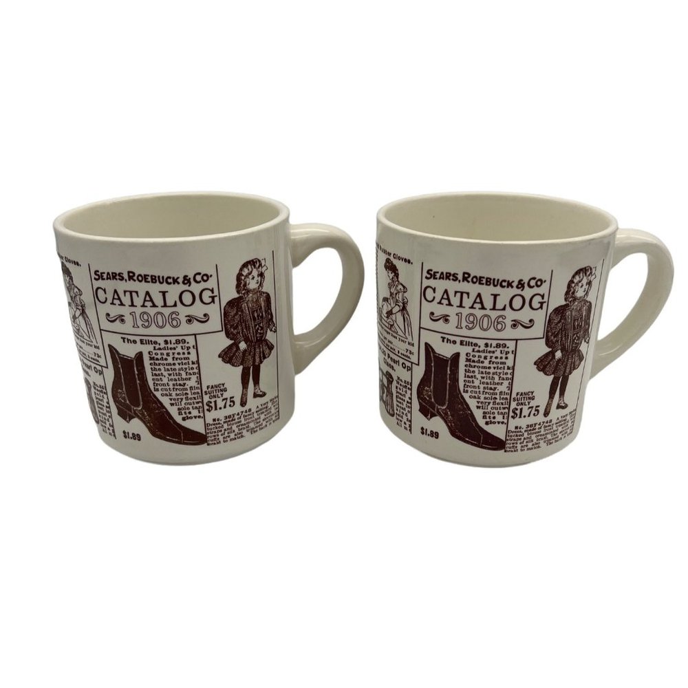 Pair Sears Roebuck & Co Catalog 1906 Coffee Mugs USA 3.5" Tall Retro Ceramic